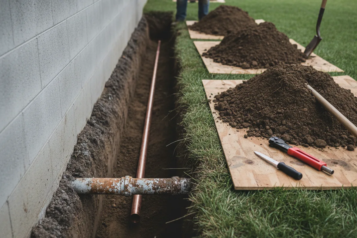 Excavated water line trench during Water Softener Installation in Potwin
